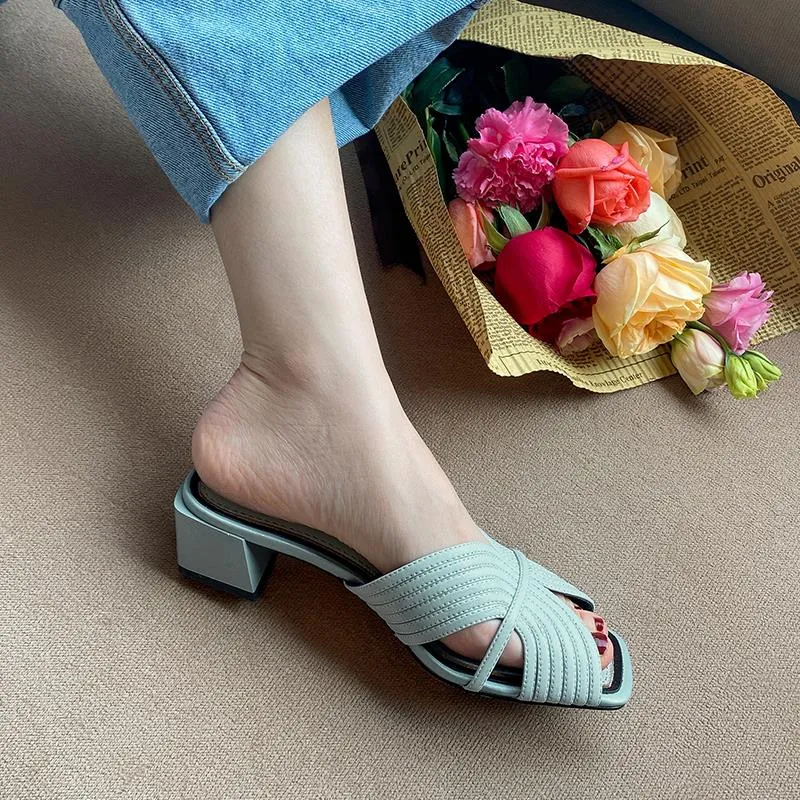 Genuine leather sandals women shoes peep toe slip