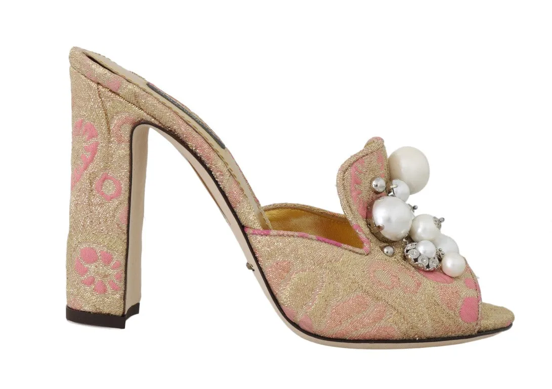 Gold Brocade Crystal Pearl Slides Shoes