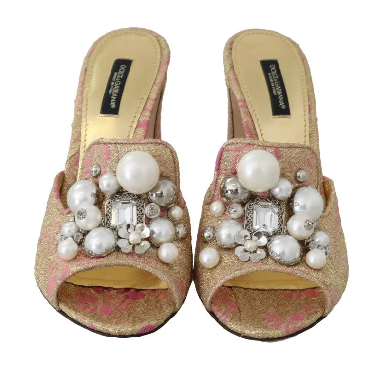 Gold Brocade Crystal Pearl Slides Shoes