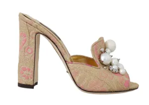 Gold Brocade Crystal Pearl Slides Shoes