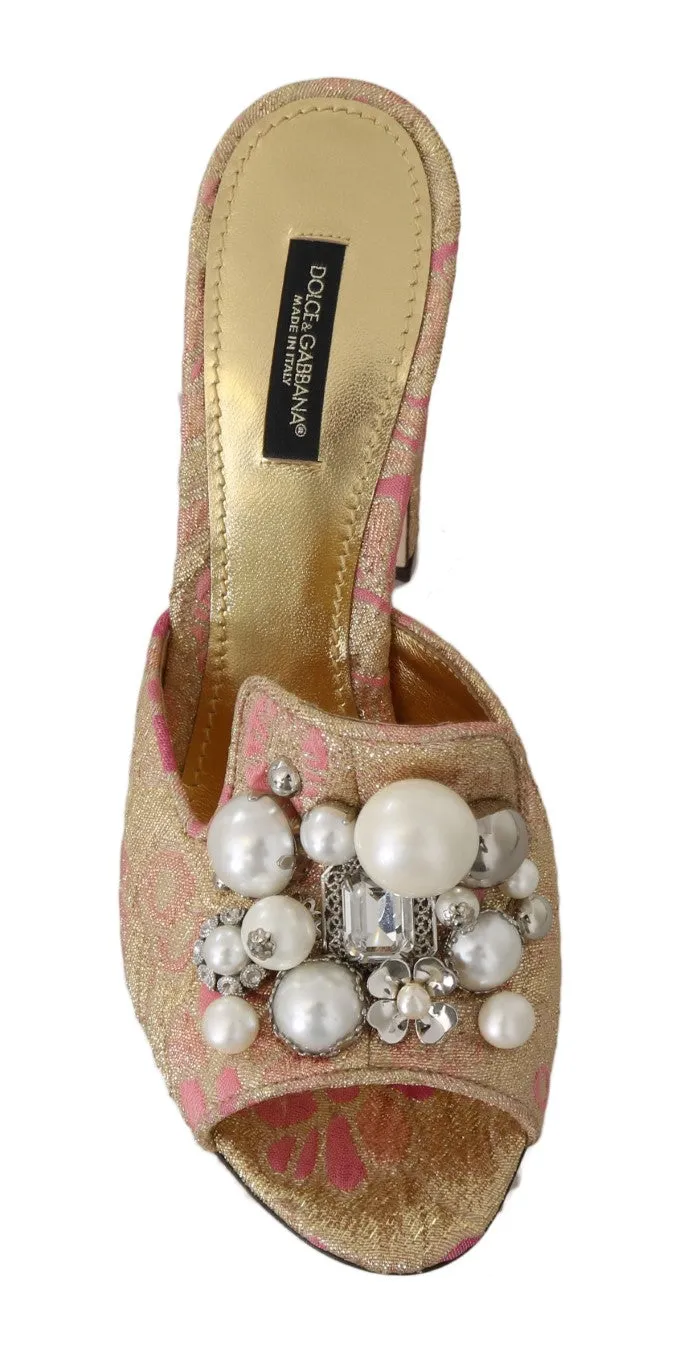Gold Brocade Crystal Pearl Slides Shoes