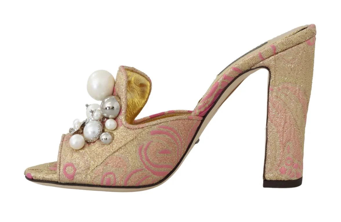 Gold Brocade Crystal Pearl Slides Shoes