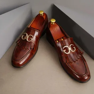 Handmade Brown Leather Fringe Moccasins for Men