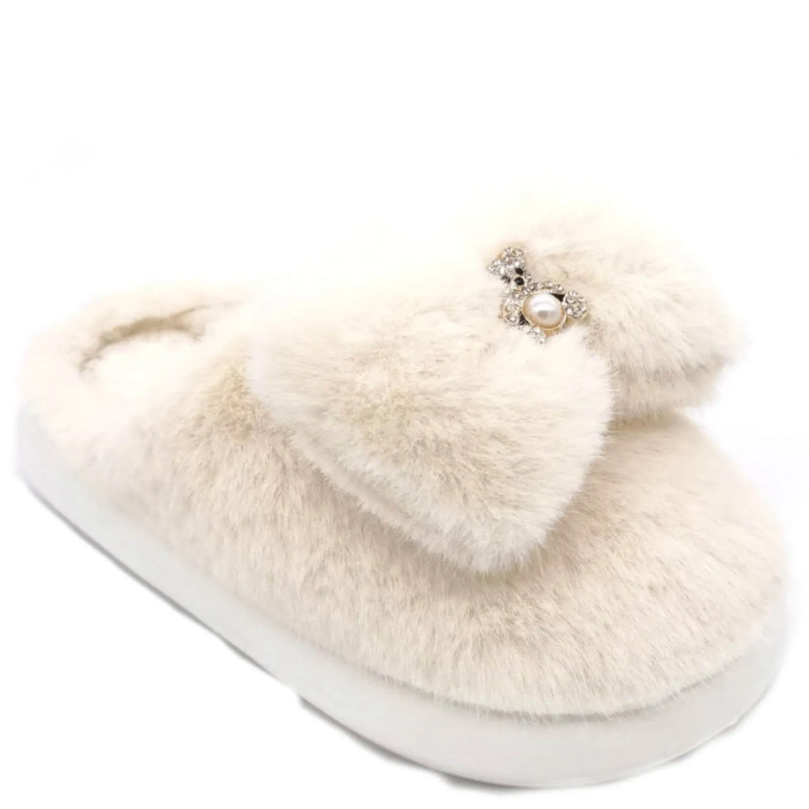 Ladies Fluffy Teddy Brooch Slippers - Cream