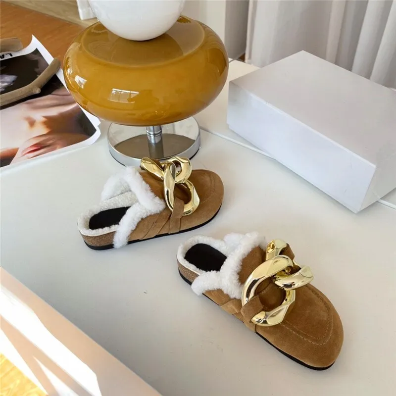 Ladies Slippers with Metal Chain Decoration Wool Round toe