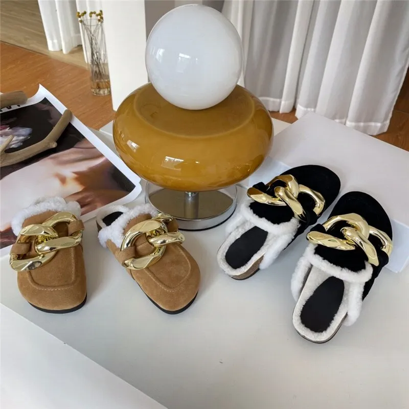 Ladies Slippers with Metal Chain Decoration Wool Round toe