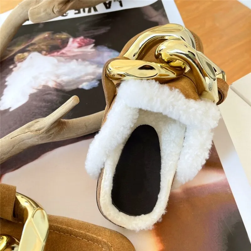 Ladies Slippers with Metal Chain Decoration Wool Round toe