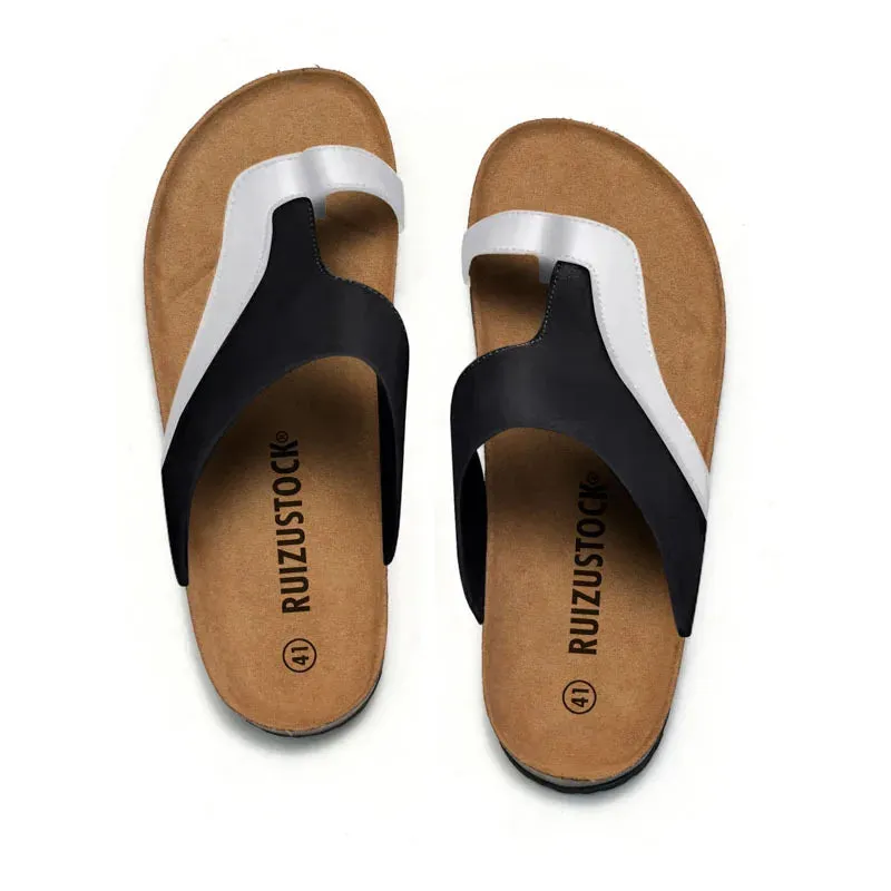 Leather Cork Slippers-Men Summer Classic Flat Shoes-Non Slip Comfortable Slides
