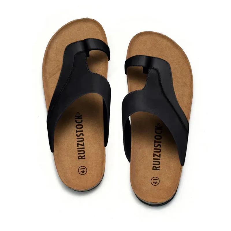 Leather Cork Slippers-Men Summer Classic Flat Shoes-Non Slip Comfortable Slides