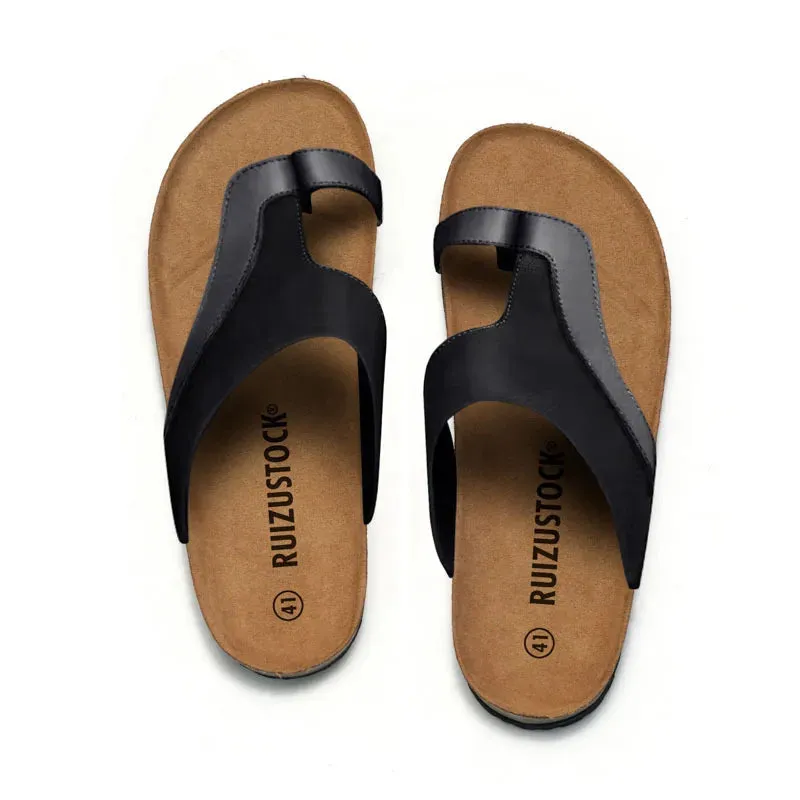 Leather Cork Slippers-Men Summer Classic Flat Shoes-Non Slip Comfortable Slides