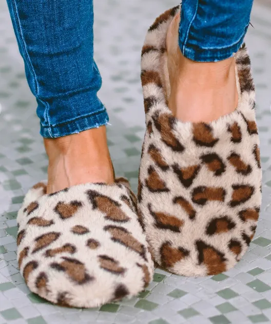 Leopard Fuzzy Bow Closed Toe Slippers