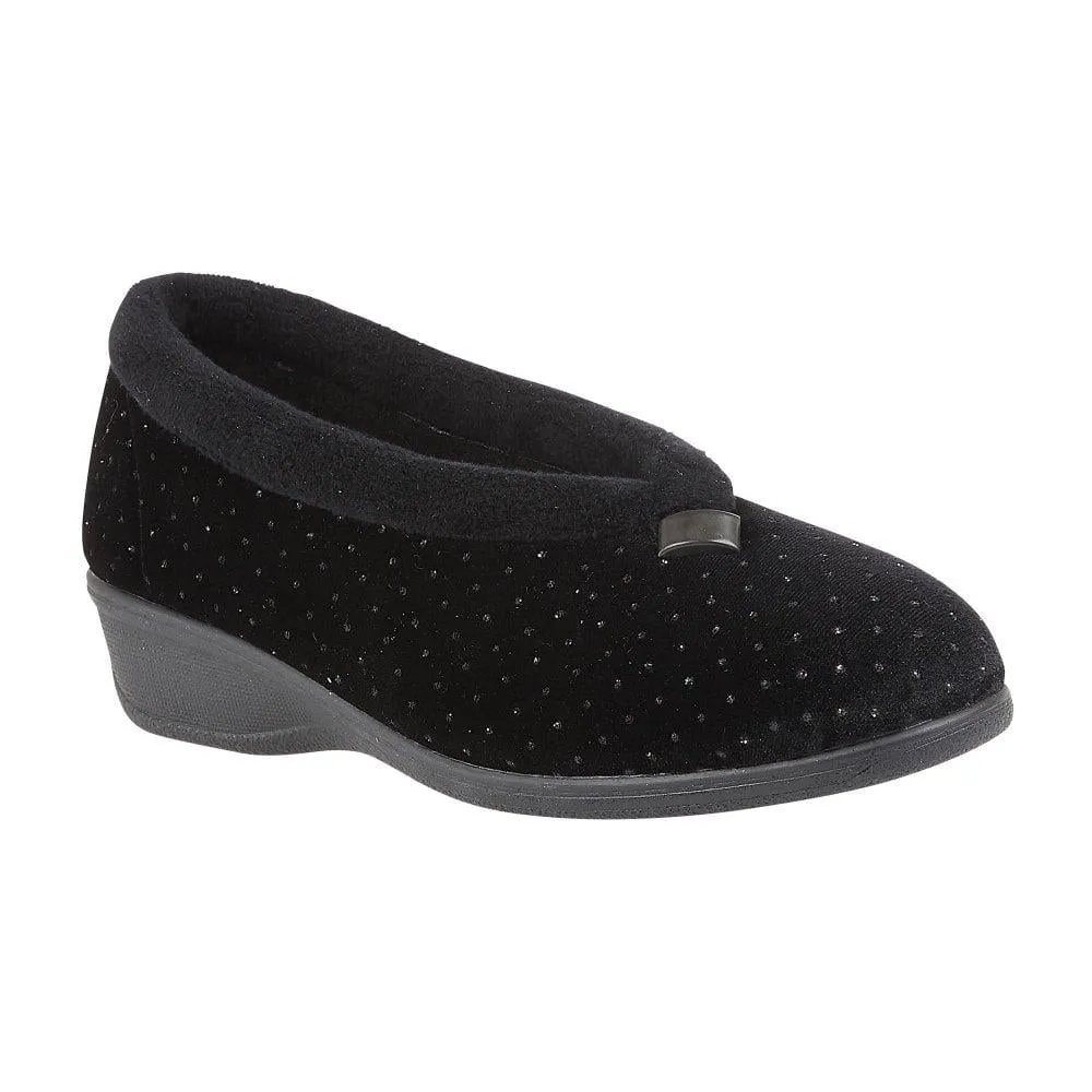 Lotus Ladies Beverley Black Sparkly Slip On Wedge Slippers