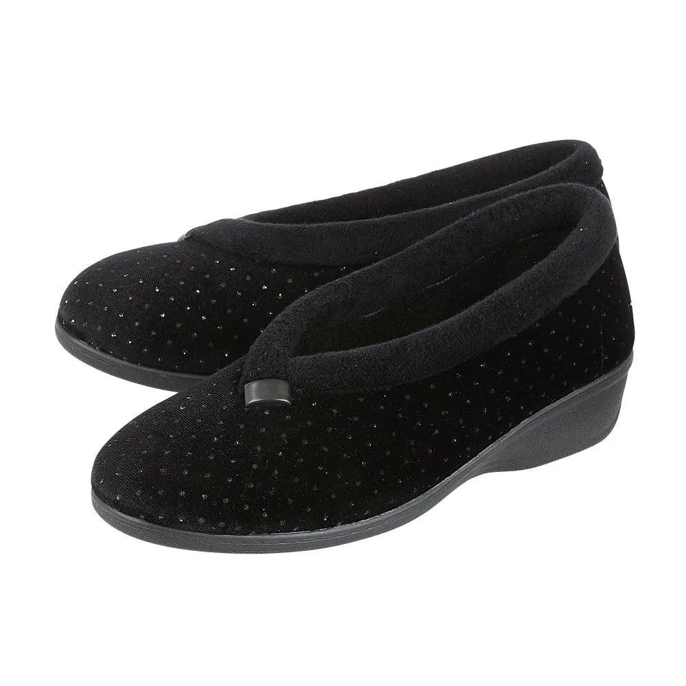 Lotus Ladies Beverley Black Sparkly Slip On Wedge Slippers