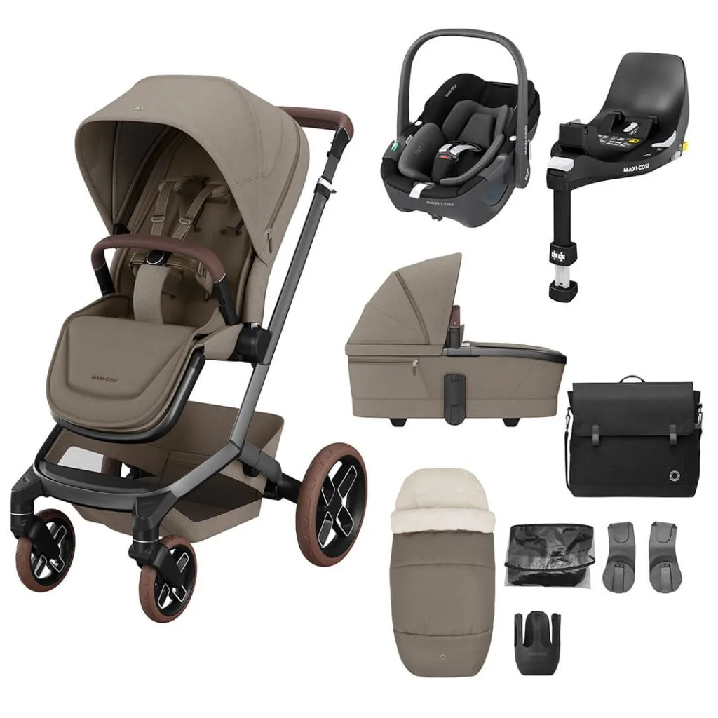 MAXI COSI FAME 9 Piece Travel System with Pebble 360 Pro2 Car Seat and FamilyFix 360 Pro ISOFIX Car Seat Base - Twillic Truffle (Brown Wheels)