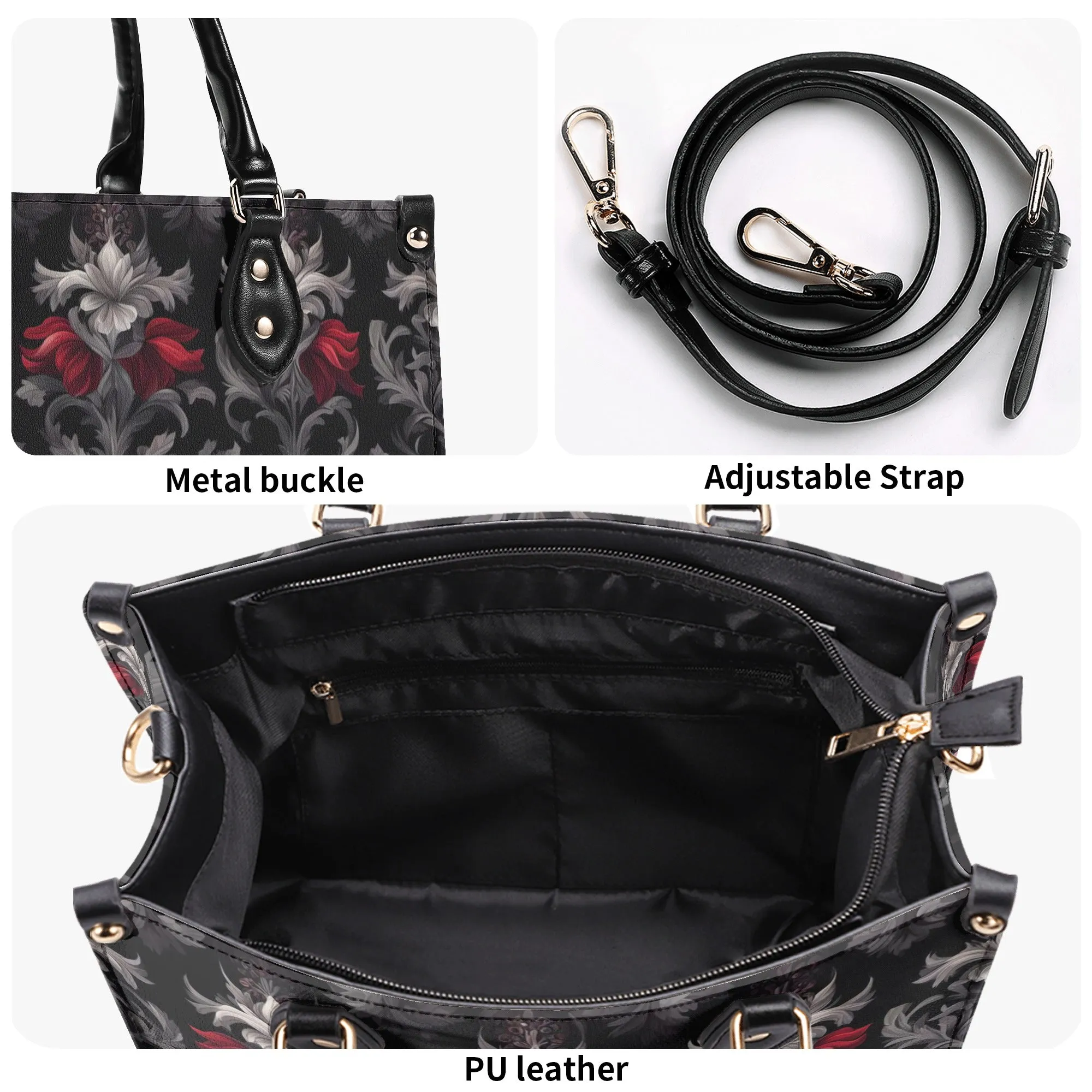 Midnight Peony - Goth Red Flowers Luxury Womens Vegan Leather Handbag