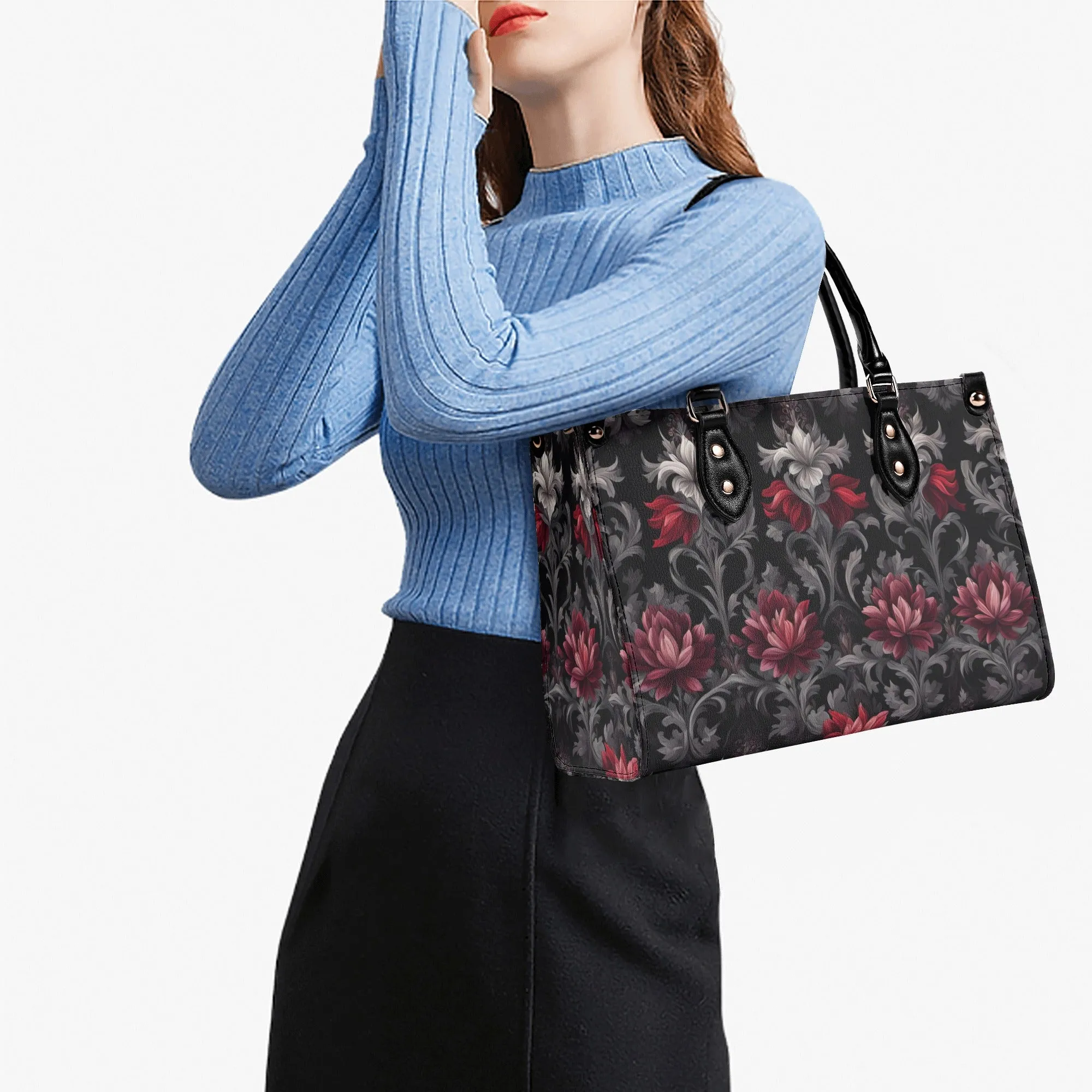 Midnight Peony - Goth Red Flowers Luxury Womens Vegan Leather Handbag