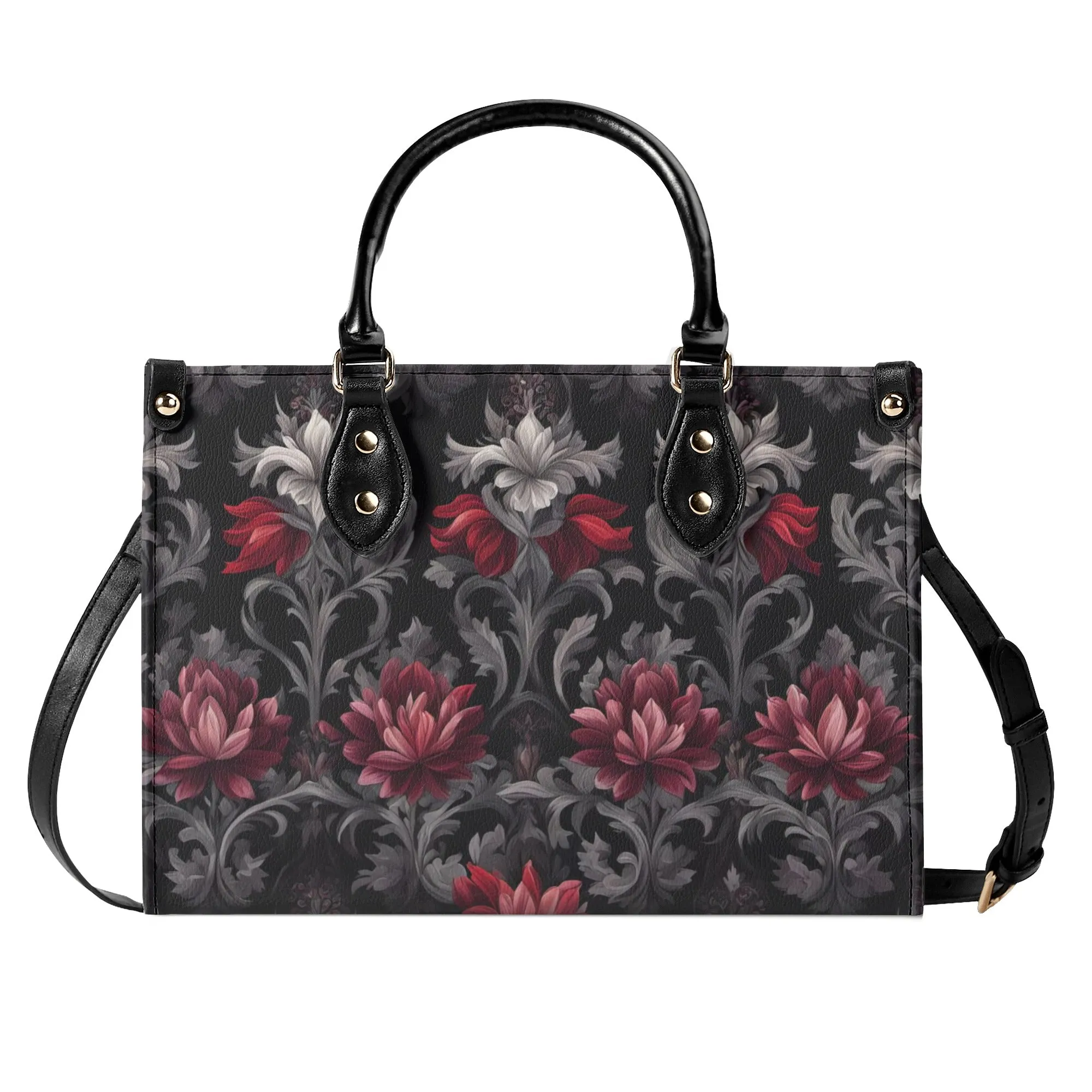 Midnight Peony - Goth Red Flowers Luxury Womens Vegan Leather Handbag