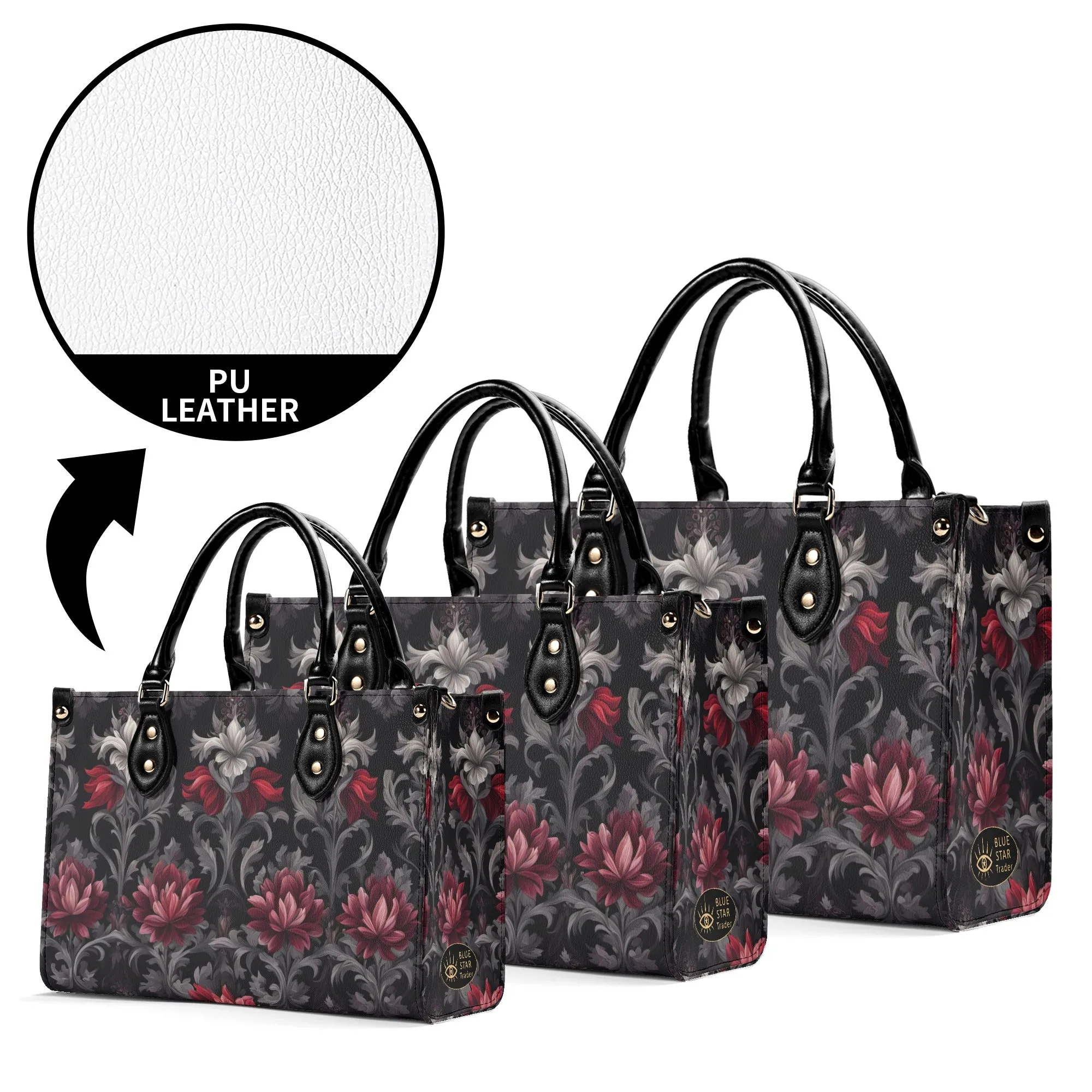 Midnight Peony - Goth Red Flowers Luxury Womens Vegan Leather Handbag