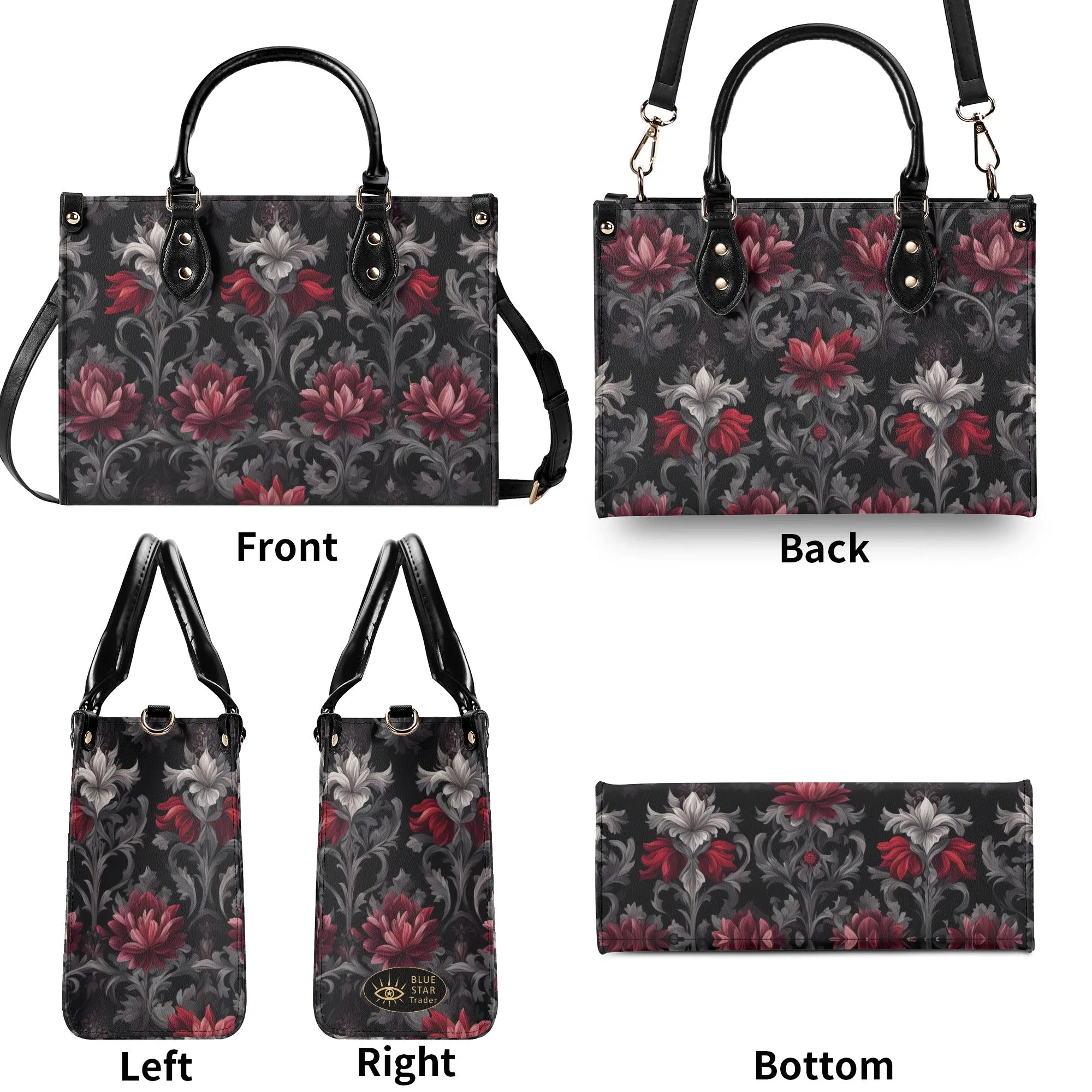 Midnight Peony - Goth Red Flowers Luxury Womens Vegan Leather Handbag