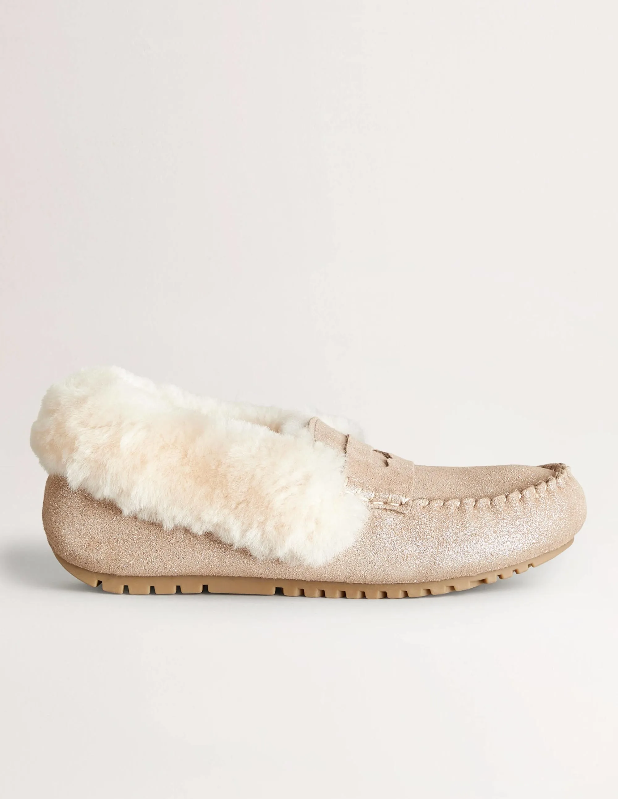 Moccasin Slippers-Gold Metallic Suede