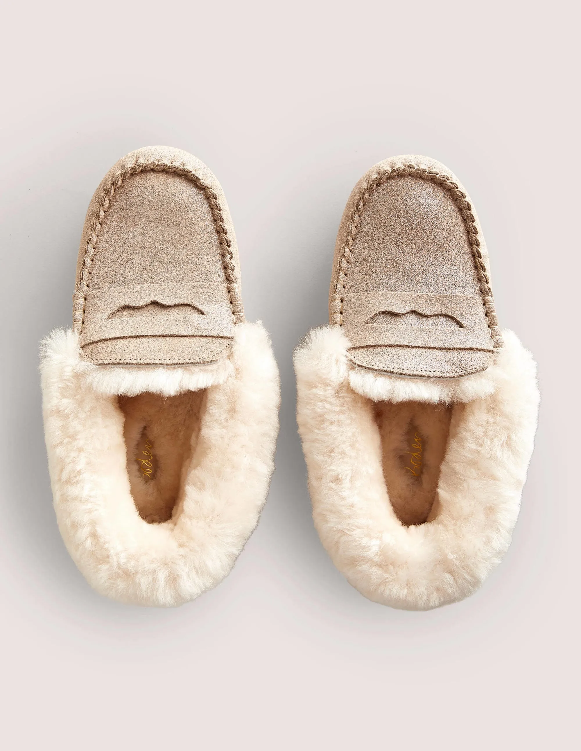 Moccasin Slippers-Gold Metallic Suede
