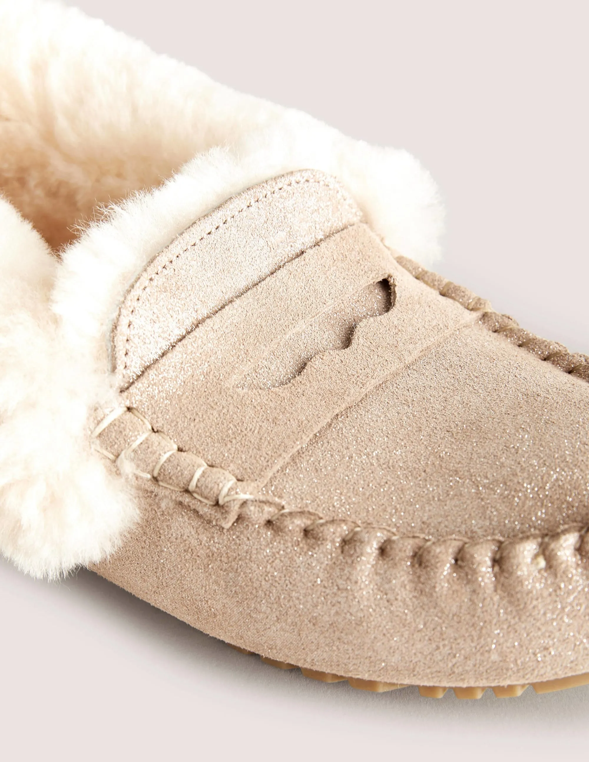 Moccasin Slippers-Gold Metallic Suede