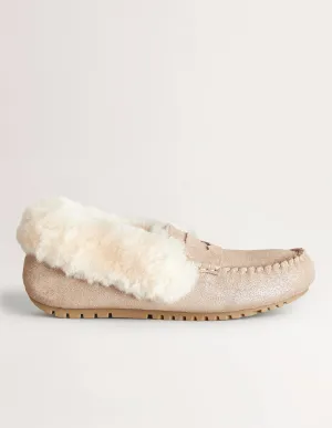 Moccasin Slippers-Gold Metallic Suede