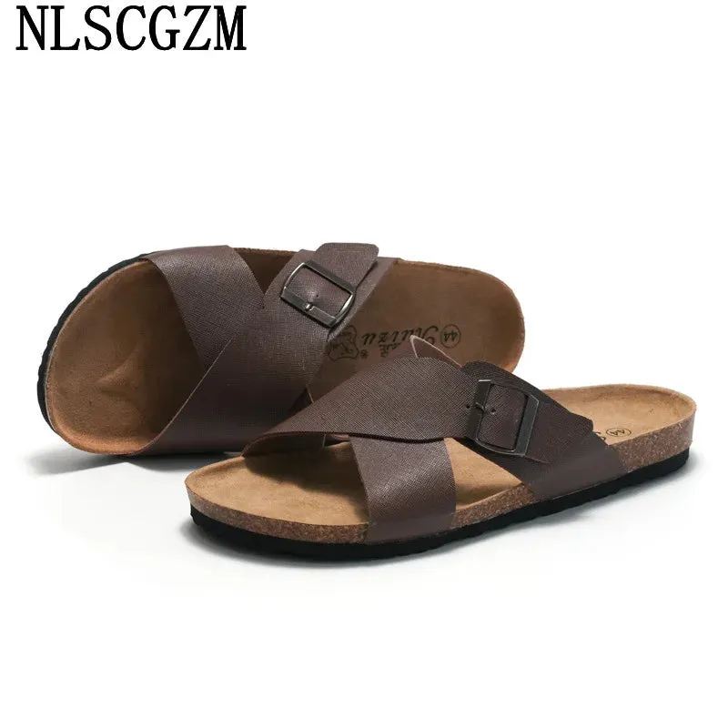 Monk Strap Summer Slippers-Men Casual Designer Shoes-Men Leather Slippers