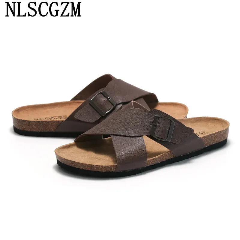 Monk Strap Summer Slippers-Men Casual Designer Shoes-Men Leather Slippers
