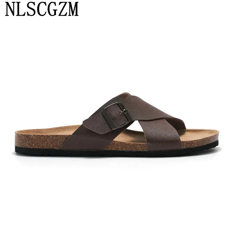 Monk Strap Summer Slippers-Men Casual Designer Shoes-Men Leather Slippers