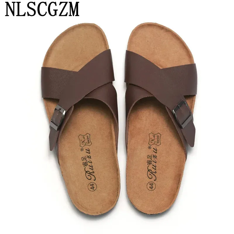 Monk Strap Summer Slippers-Men Casual Designer Shoes-Men Leather Slippers