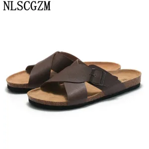 Monk Strap Summer Slippers-Men Casual Designer Shoes-Men Leather Slippers