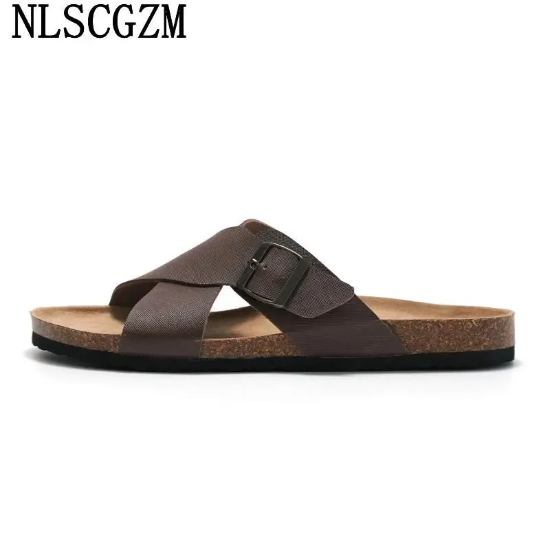 Monk Strap Summer Slippers-Men Casual Designer Shoes-Men Leather Slippers