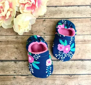 Navy Boho Floral Moccasins