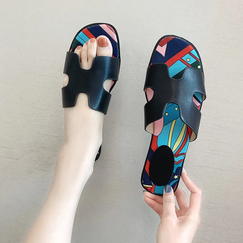 Net Red Flat Bottom H Slippers Women Wear Fashion Wild Color Matching Beach Shoes Flip