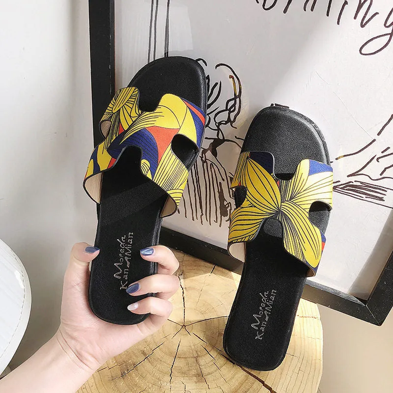 Net Red Flat Bottom H Slippers Women Wear Fashion Wild Color Matching Beach Shoes Flip