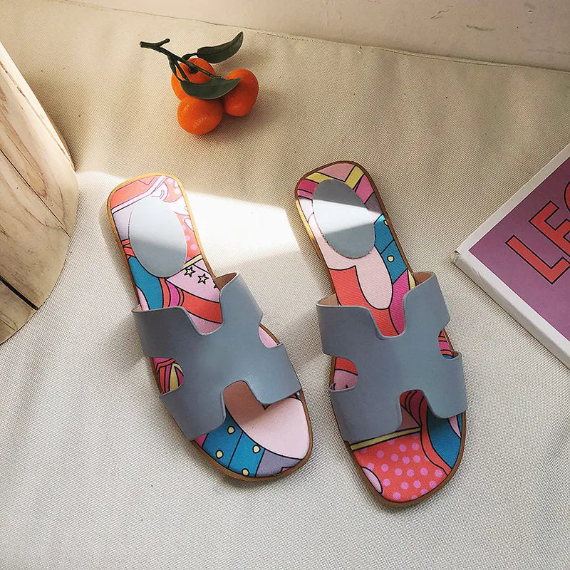 Net Red Flat Bottom H Slippers Women Wear Fashion Wild Color Matching Beach Shoes Flip