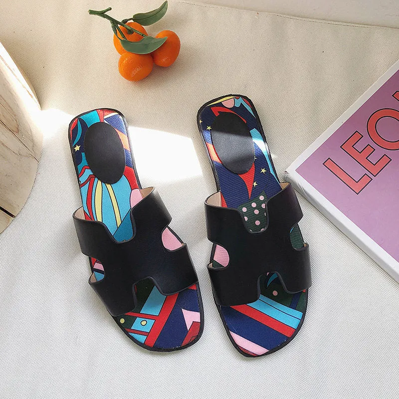 Net Red Flat Bottom H Slippers Women Wear Fashion Wild Color Matching Beach Shoes Flip