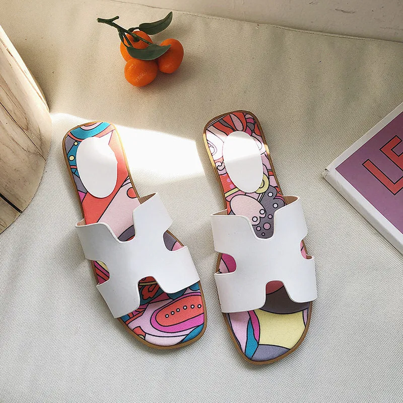 Net Red Flat Bottom H Slippers Women Wear Fashion Wild Color Matching Beach Shoes Flip