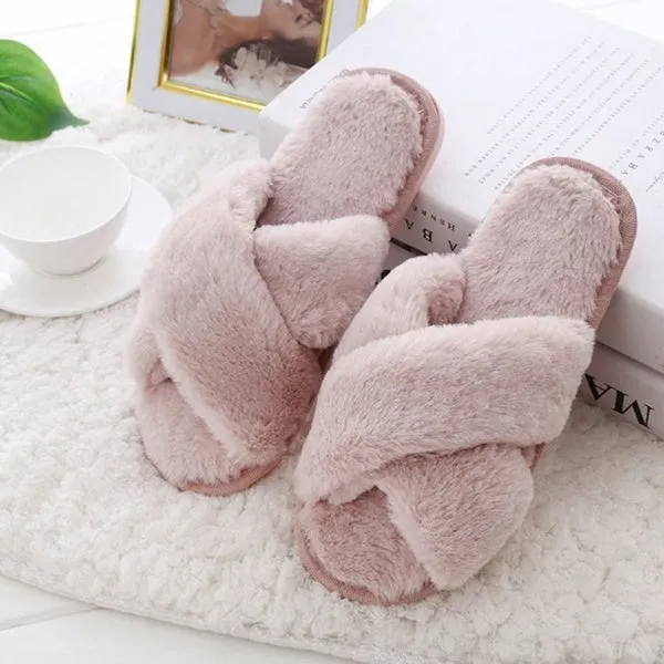 New Fashion Women's Cross Fluffy Slippers Slim Cotton Slippers Flat Slippers Home