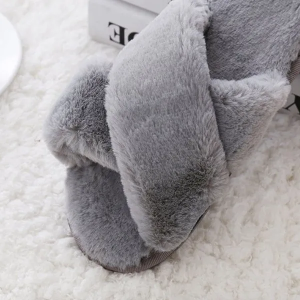 New Fashion Women's Cross Fluffy Slippers Slim Cotton Slippers Flat Slippers Home