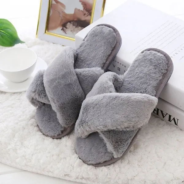 New Fashion Women's Cross Fluffy Slippers Slim Cotton Slippers Flat Slippers Home