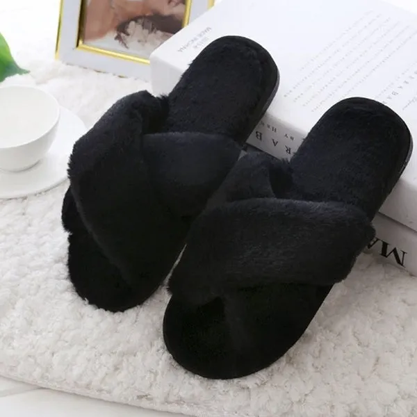 New Fashion Women's Cross Fluffy Slippers Slim Cotton Slippers Flat Slippers Home