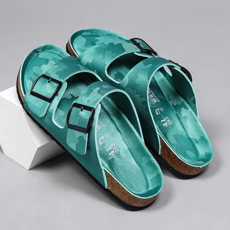 New Luxury Leather Women Sandals High Quality Mules Clogs Slippers Classic Buckle Cork Slides