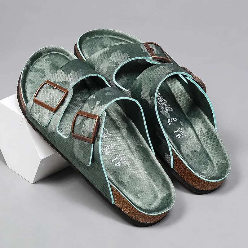 New Luxury Leather Women Sandals High Quality Mules Clogs Slippers Classic Buckle Cork Slides