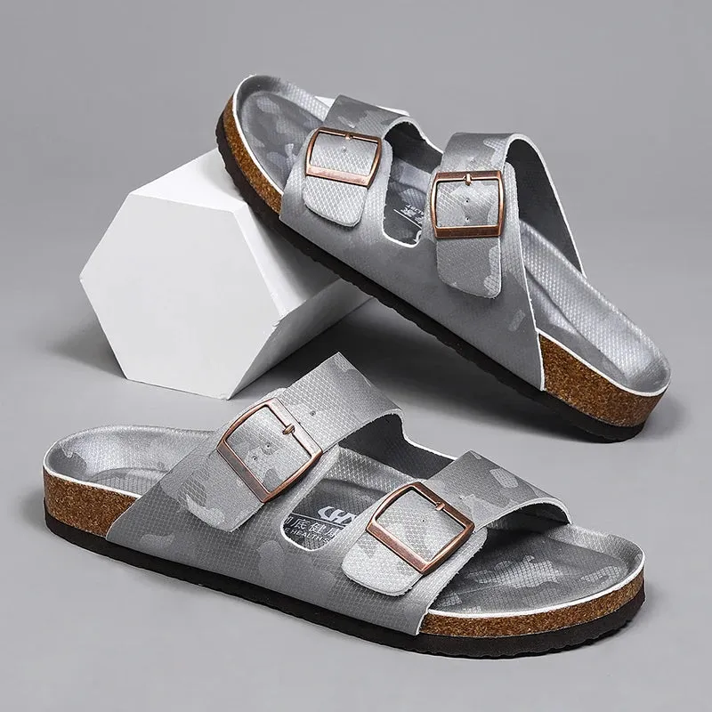 New Luxury Leather Women Sandals High Quality Mules Clogs Slippers Classic Buckle Cork Slides