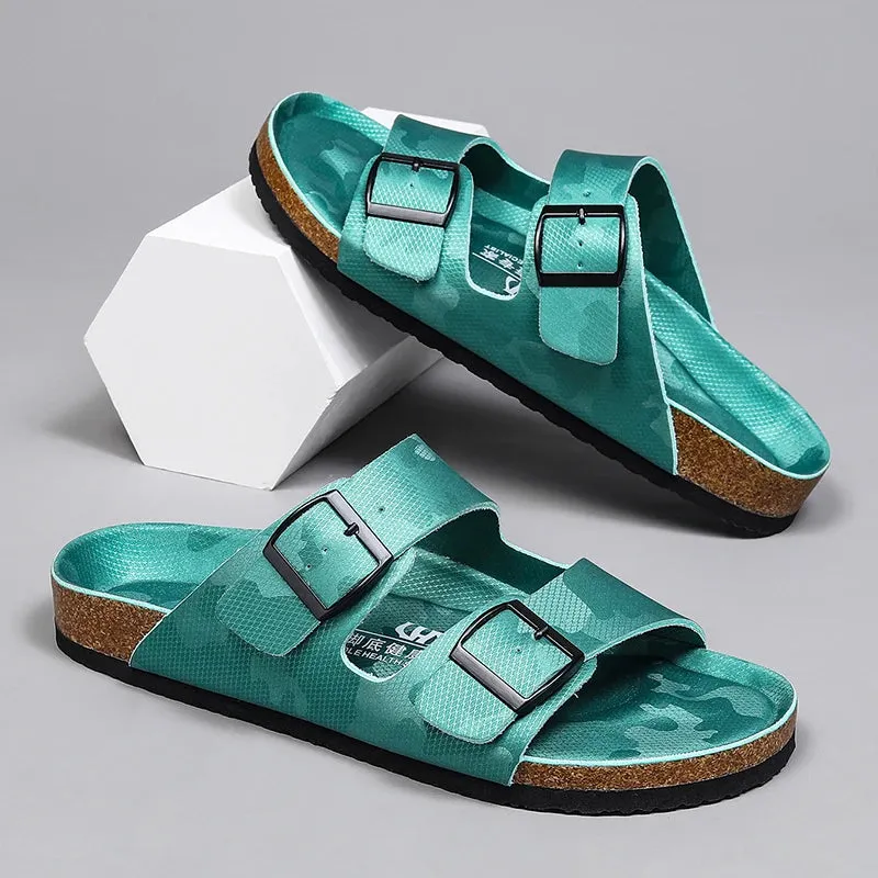 New Luxury Leather Women Sandals High Quality Mules Clogs Slippers Classic Buckle Cork Slides