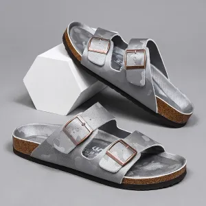 New Luxury Leather Women Sandals High Quality Mules Clogs Slippers Classic Buckle Cork Slides