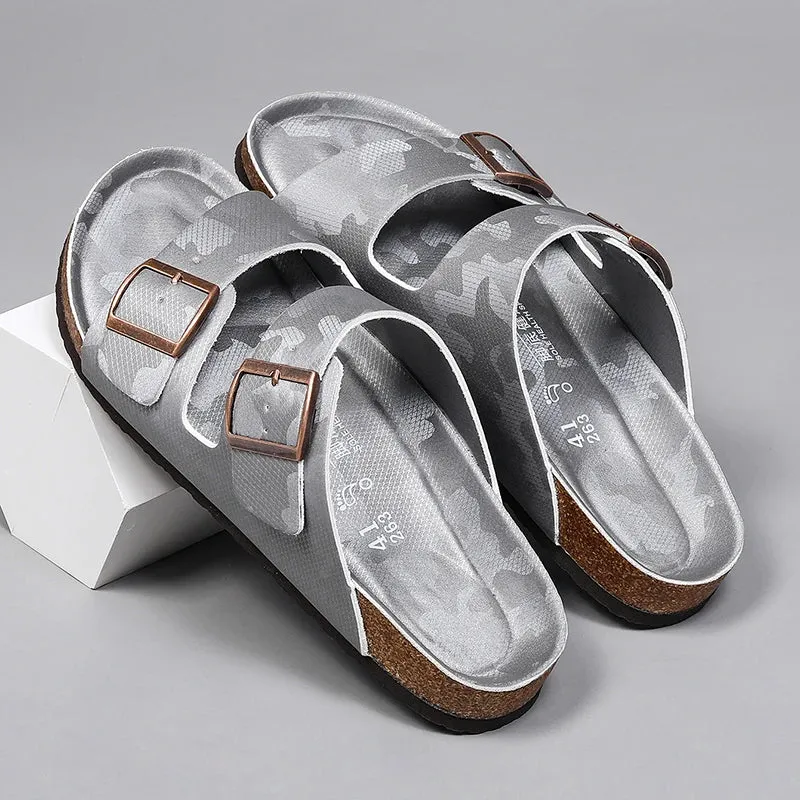 New Luxury Leather Women Sandals High Quality Mules Clogs Slippers Classic Buckle Cork Slides