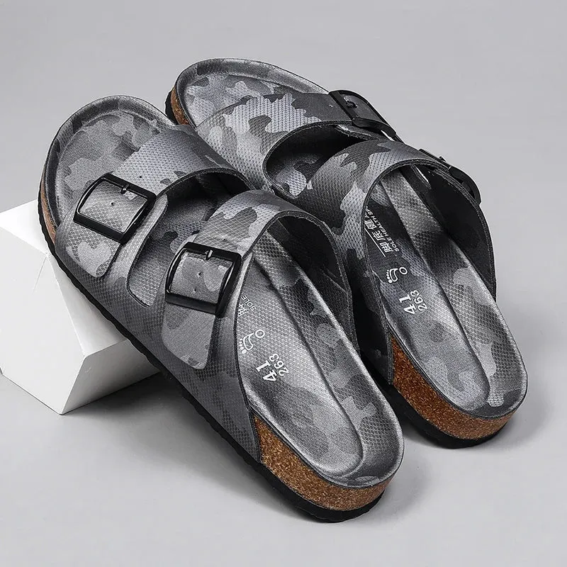 New Luxury Leather Women Sandals High Quality Mules Clogs Slippers Classic Buckle Cork Slides